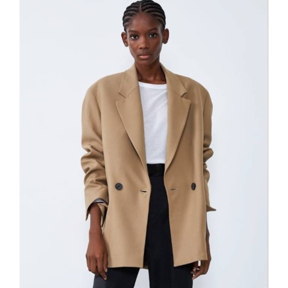 ZARA Double Breasted Camel Tan Blazer Jacket Classic Office Sz M